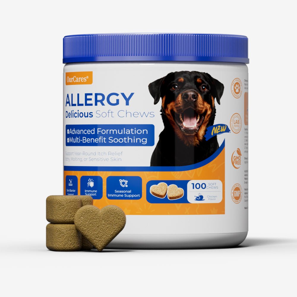 OURCARES Dog Allergy Relief Chews support seasonal allergy discomfort, soothe itchy skin and provide natural itch relief for all breeds of dogs