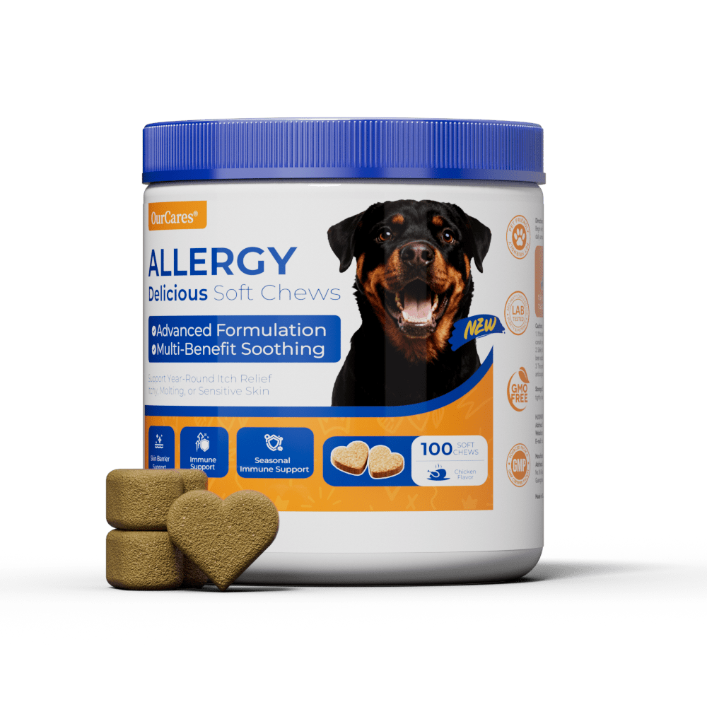 OURCARES Dog Allergy Relief Chews support seasonal allergy discomfort, soothe itchy skin and provide natural itch relief for all breeds of dogs