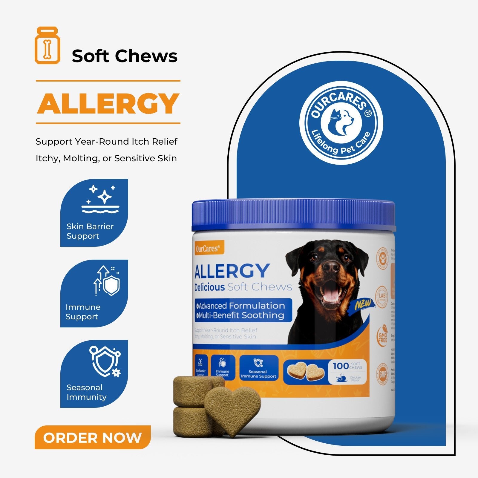 OURCARES Dog Allergy Relief Chews support seasonal allergy discomfort, soothe itchy skin and provide natural itch relief for all breeds of dogs