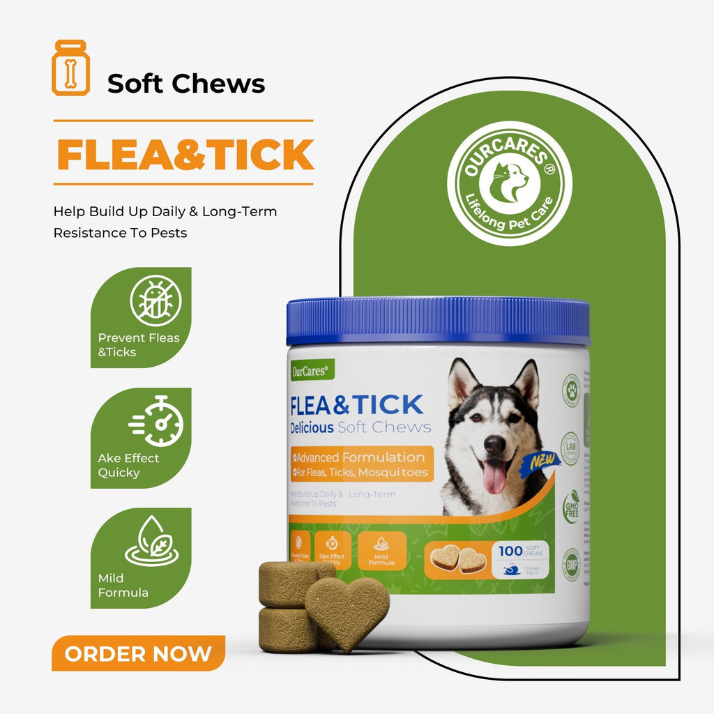 OURCARES Advanced Shield Soft Chews offer natural defense and effective pest protection against fleas and ticks, keep dogs safe and healthy all year round