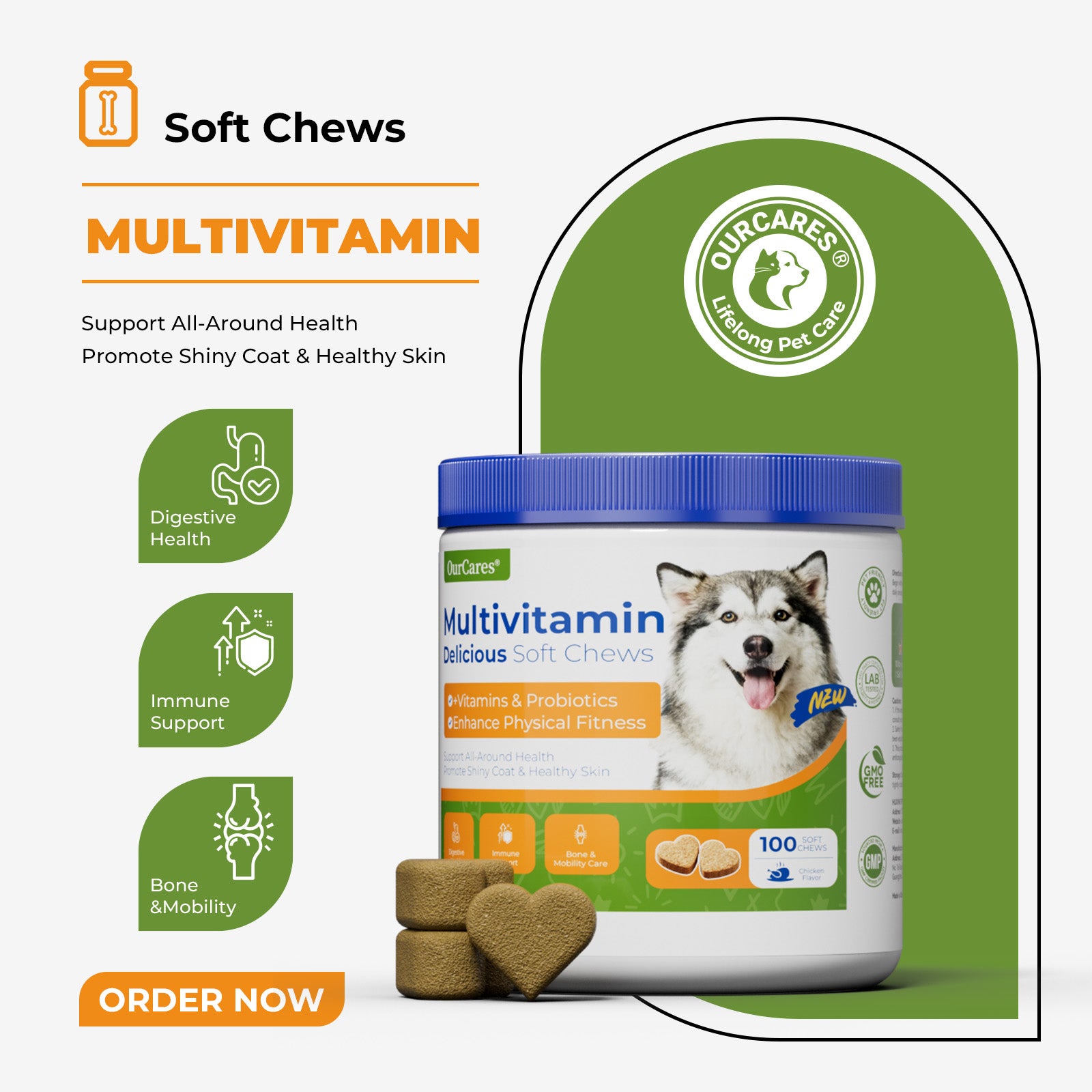 OURCARES 10-in-1 Multivitamin Soft Chews provide daily comprehensive support for dog skin, coat and joint health, ideal for all breeds