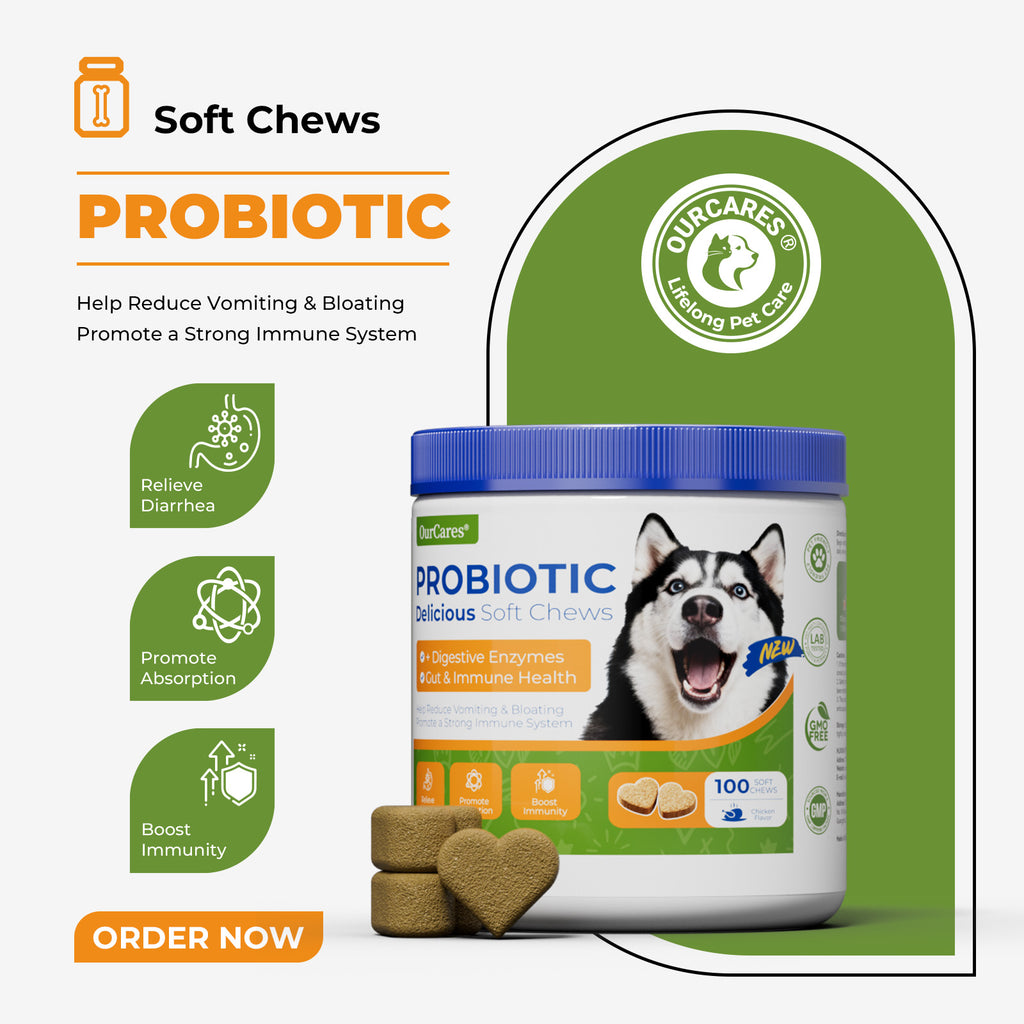 OURCARES Probiotic Bites soft chews support dog digestive health and immune system, daily probiotic supplement for all breeds