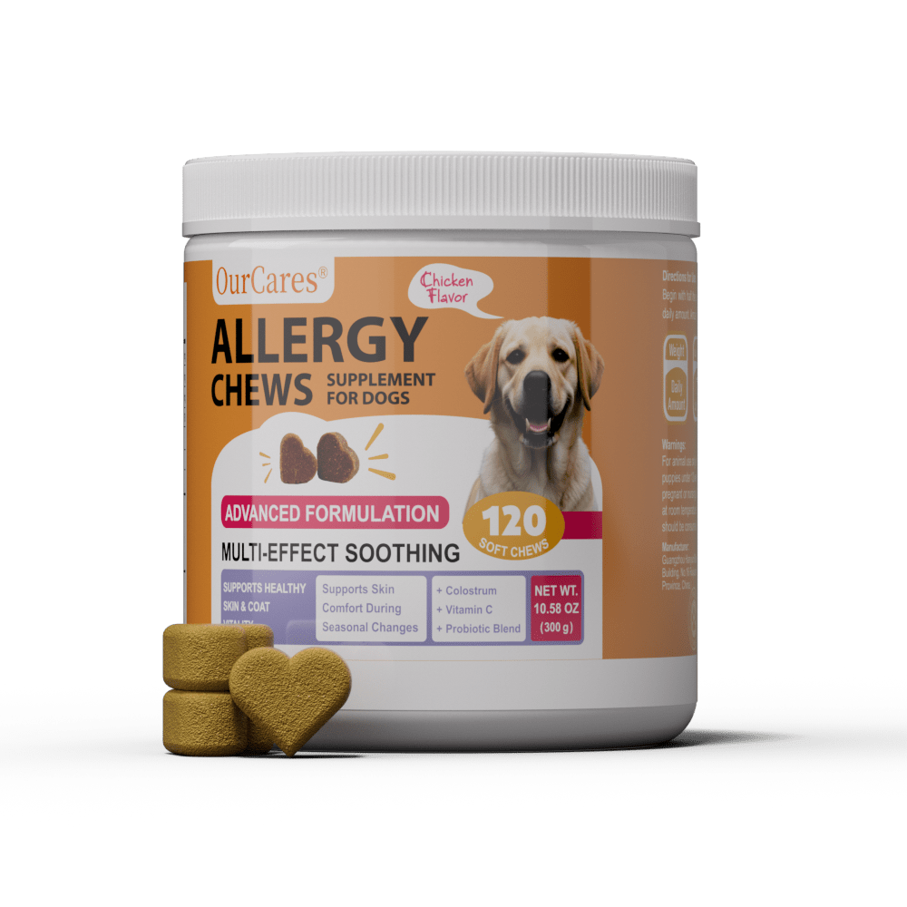 OURCARES Dog Allergy Relief Chews support seasonal allergy discomfort, soothe itchy skin and provide natural itch relief for all breeds of dogs