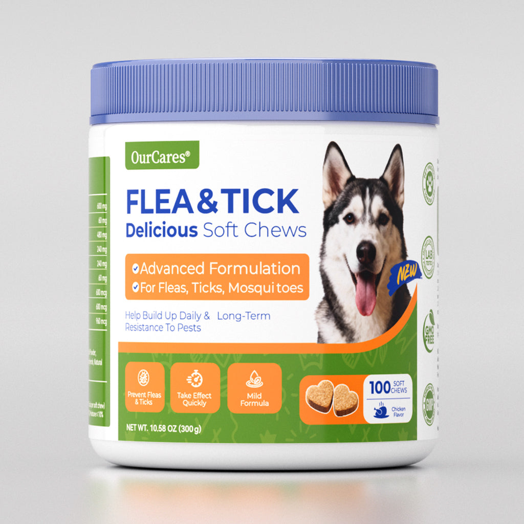 OURCARES Advanced Shield Soft Chews offer natural defense and effective pest protection against fleas and ticks, keep dogs safe and healthy all year round