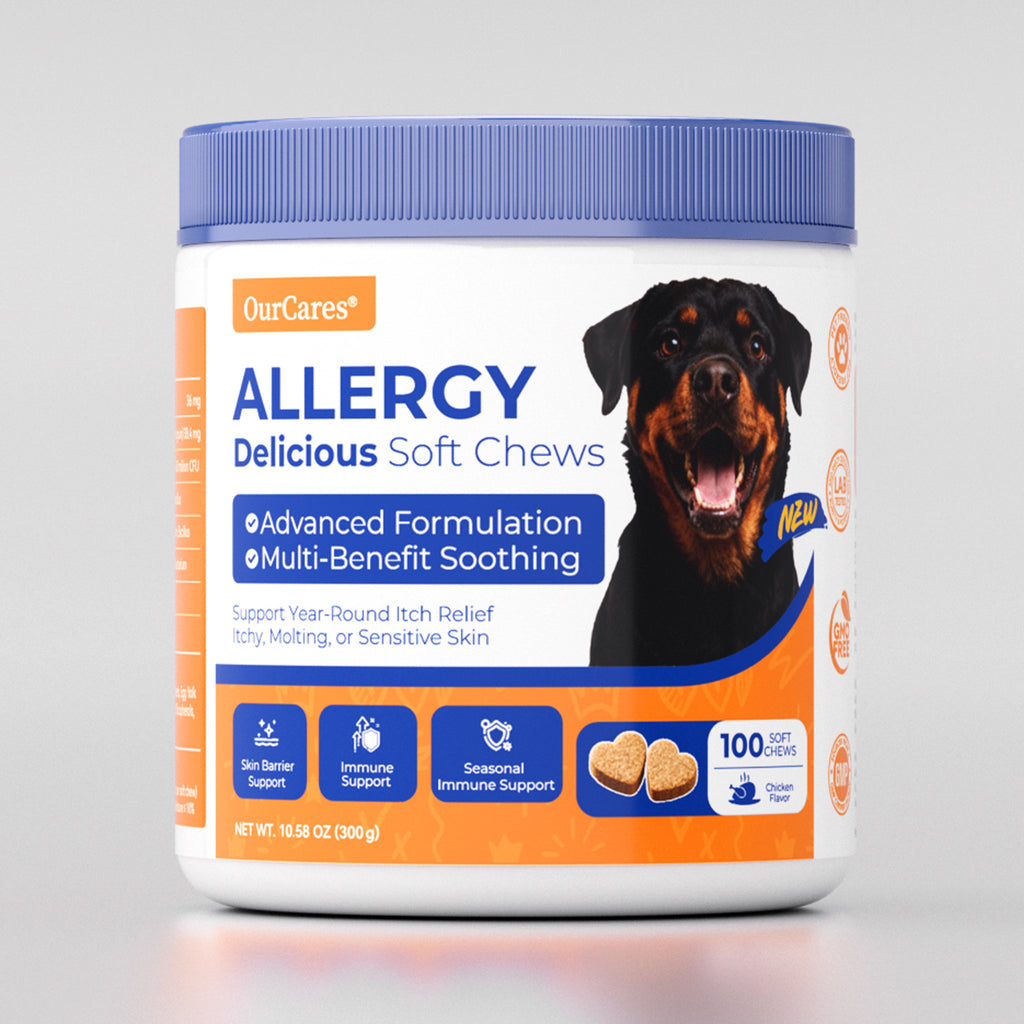 OURCARES Dog Allergy Relief Chews support seasonal allergy discomfort, soothe itchy skin and provide natural itch relief for all breeds of dogs