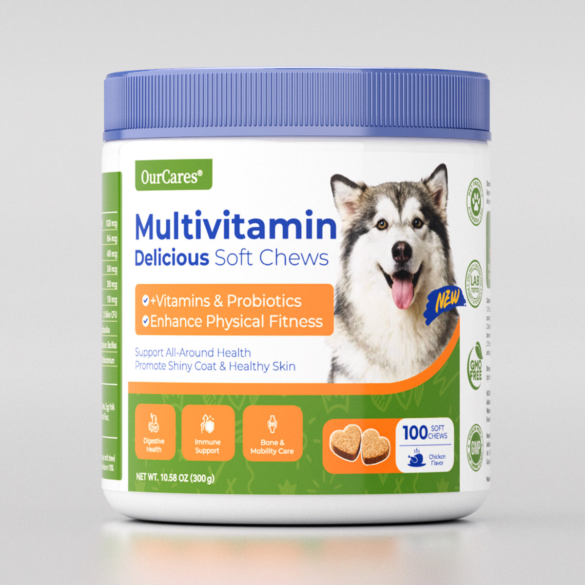 OURCARES 10-in-1 Multivitamin Soft Chews provide daily comprehensive support for dog skin, coat and joint health, ideal for all breeds