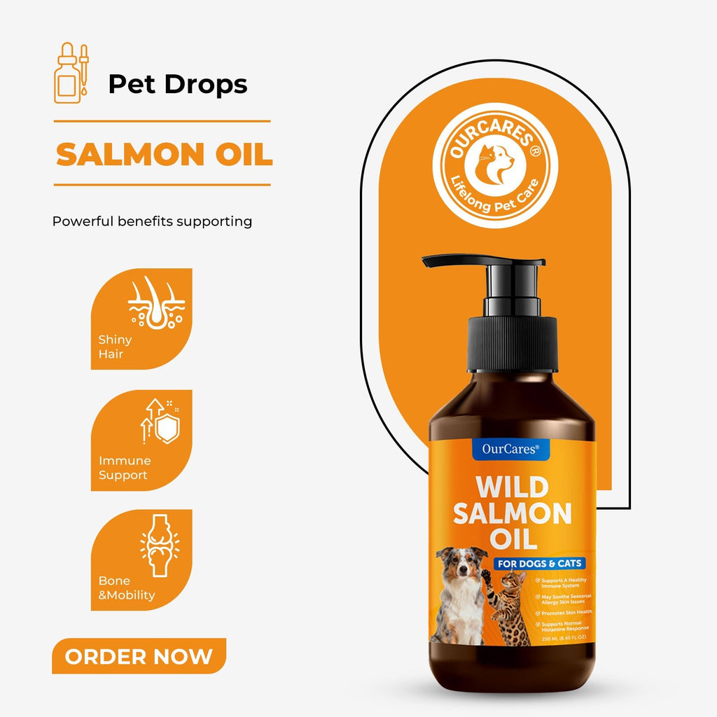 OURCARES Wild Alaskan Salmon Oil provides natural Omega support for dogs and cats, helps maintain healthy skin and shiny coat, ideal for daily pet wellness