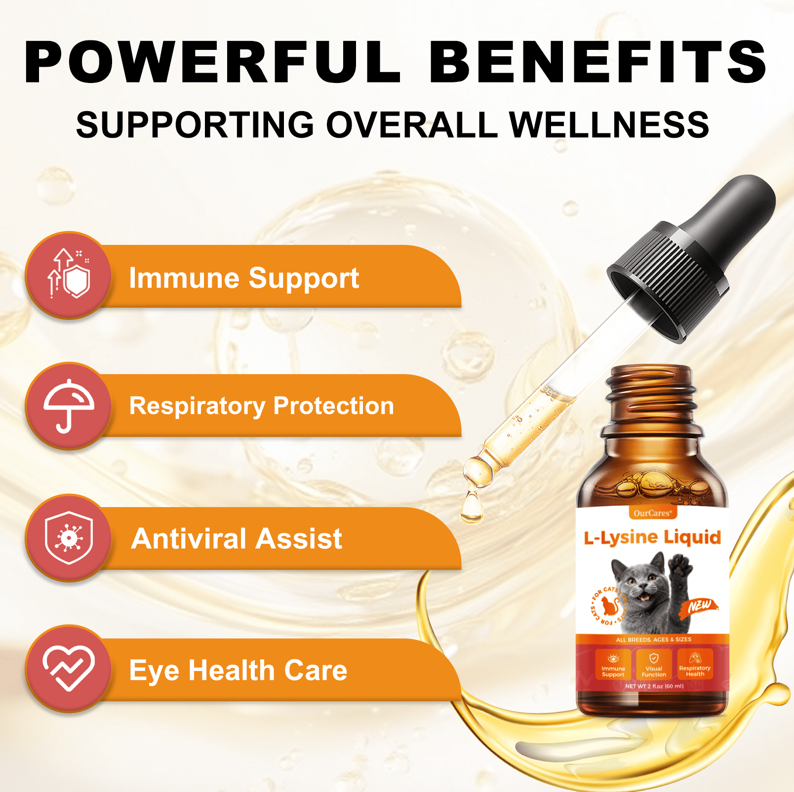 OURCARES L-Lysine Liquid for Cats, Immune System Support & Respiratory Health Booster