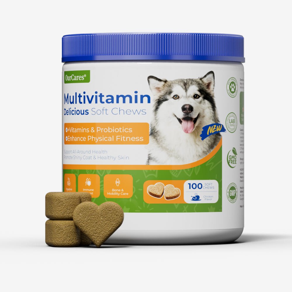 OURCARES 10-in-1 Multivitamin Soft Chews provide daily comprehensive support for dog skin, coat and joint health, ideal for all breeds