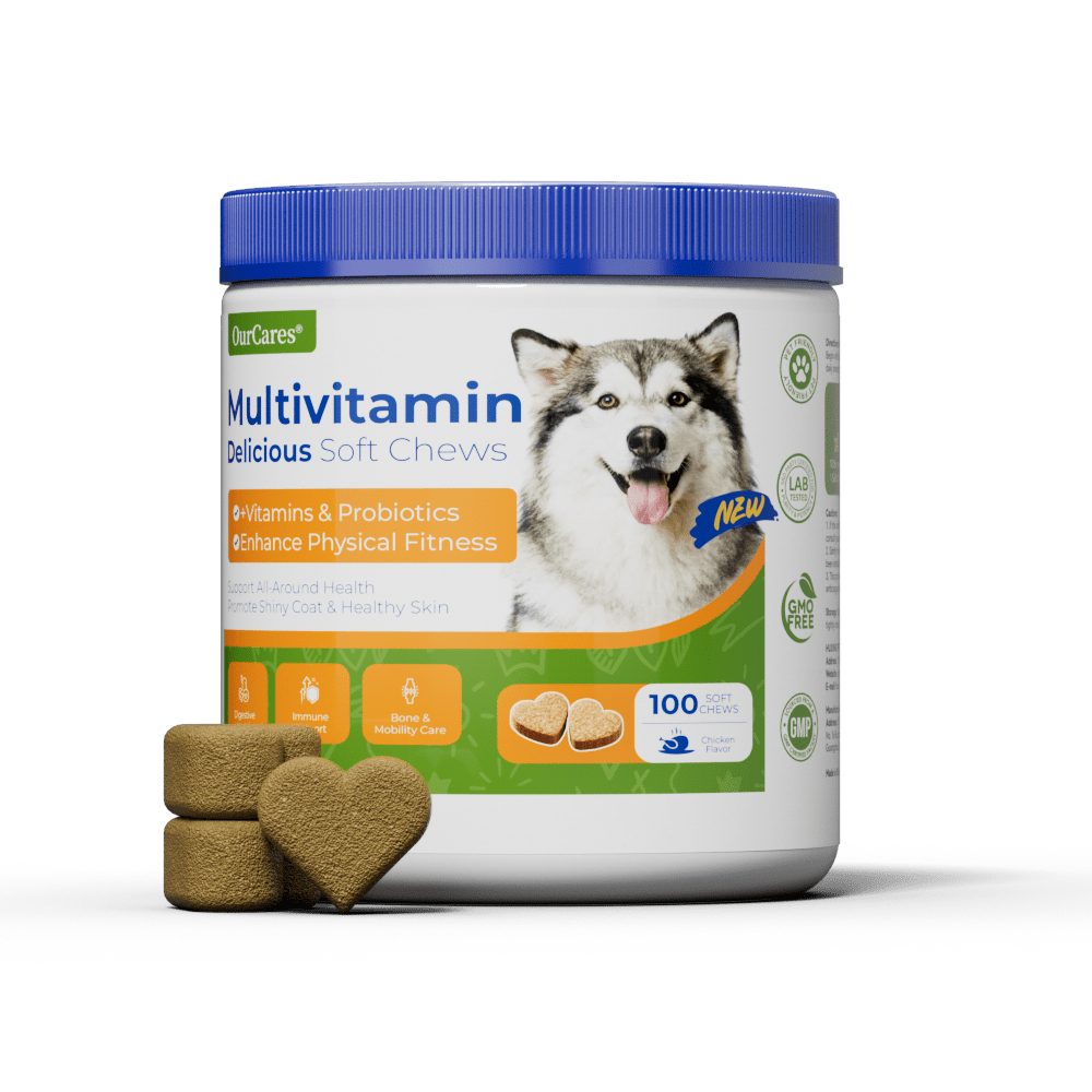 OURCARES 10-in-1 Multivitamin Soft Chews provide daily comprehensive support for dog skin, coat and joint health, ideal for all breeds