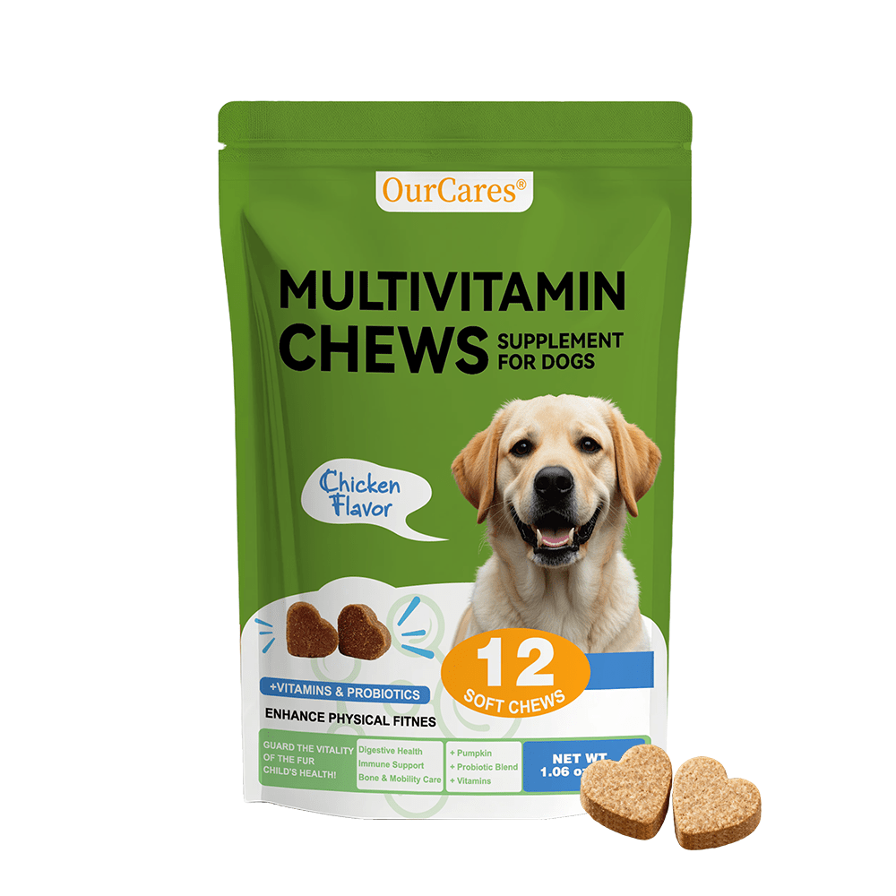 OURCARES 10-in-1 Multivitamin Soft Chews provide daily comprehensive support for dog skin, coat and joint health, ideal for all breeds