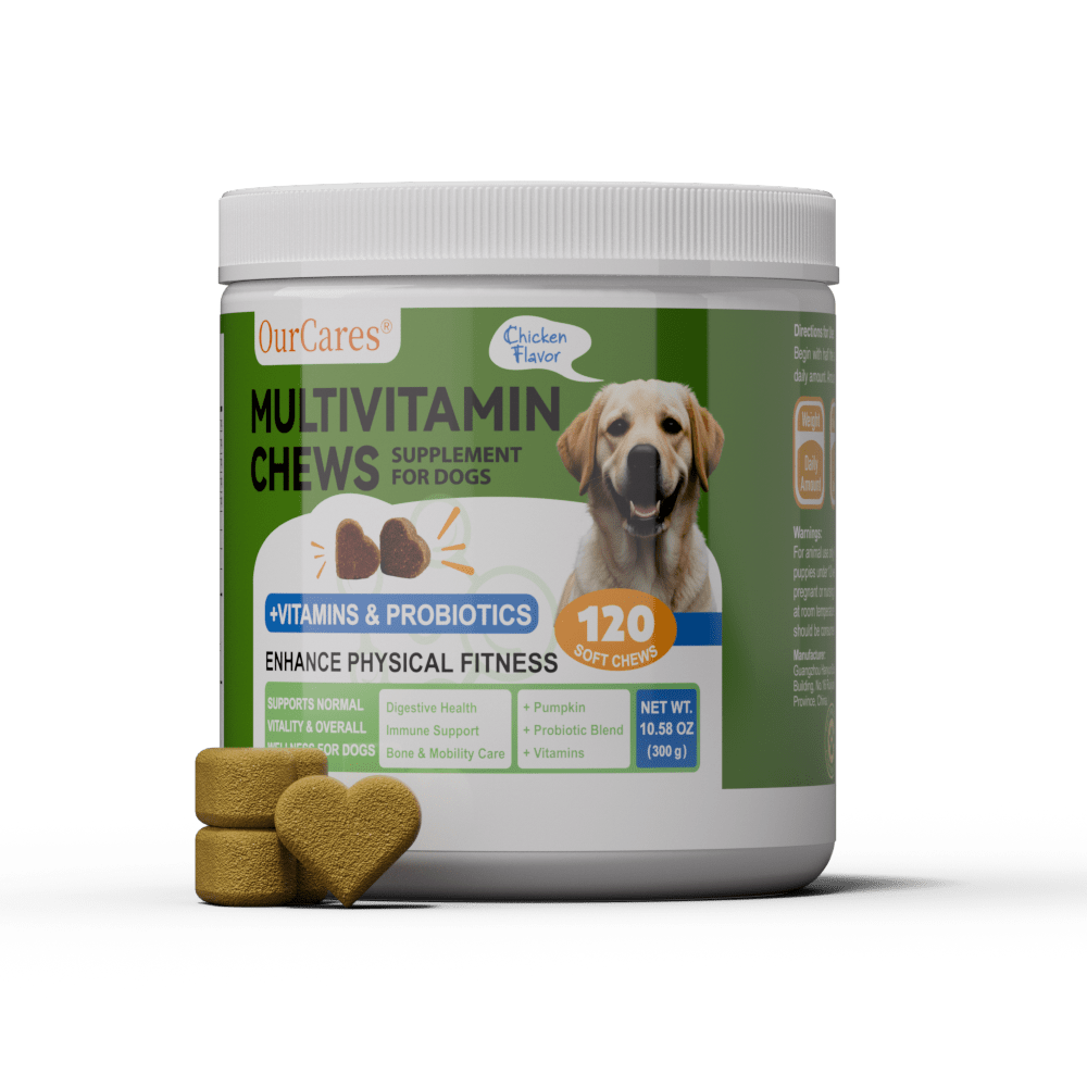 OURCARES 10-in-1 Multivitamin Soft Chews provide daily comprehensive support for dog skin, coat and joint health, ideal for all breeds