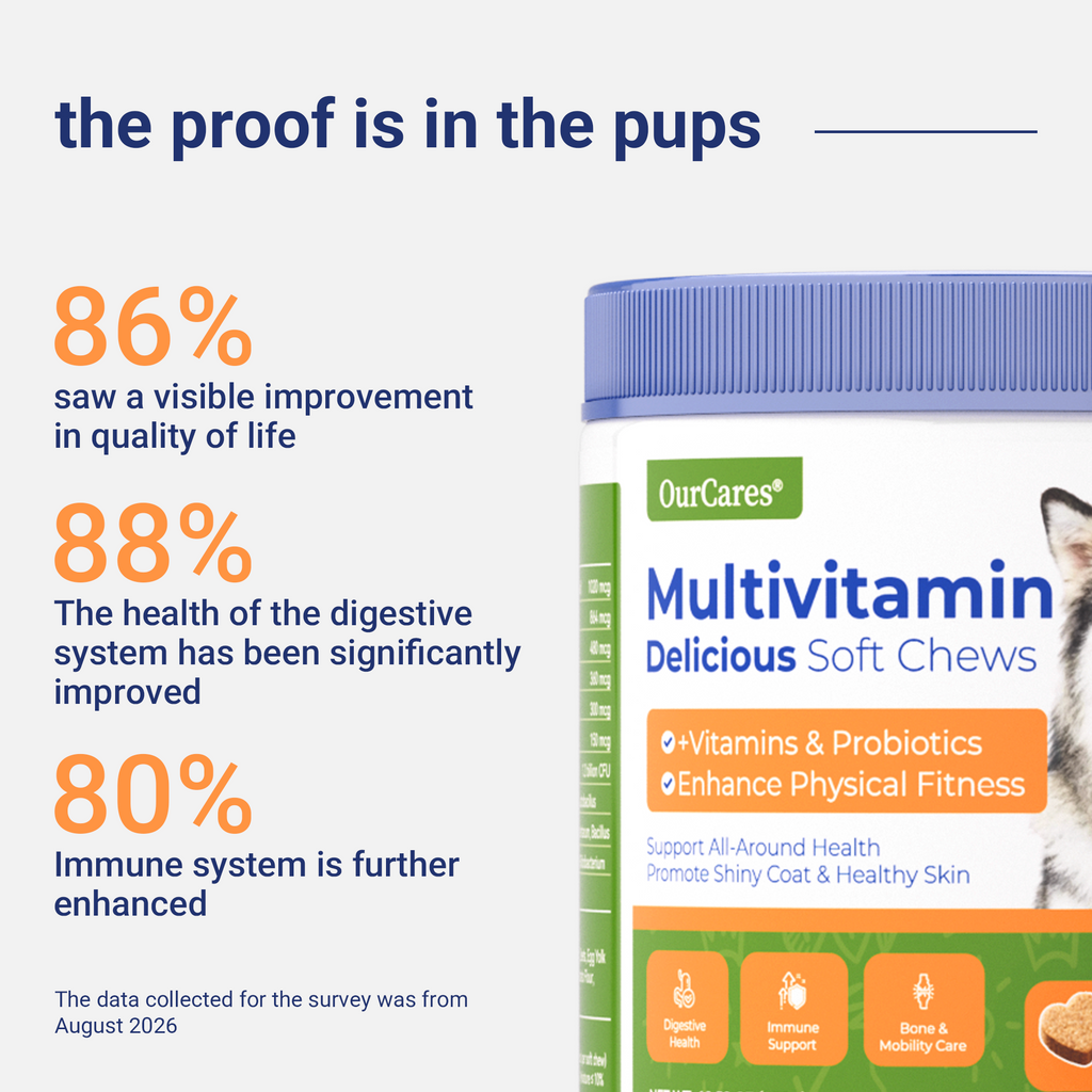 OURCARES 10-in-1 Multivitamin Soft Chews provide daily comprehensive support for dog skin, coat and joint health, ideal for all breeds