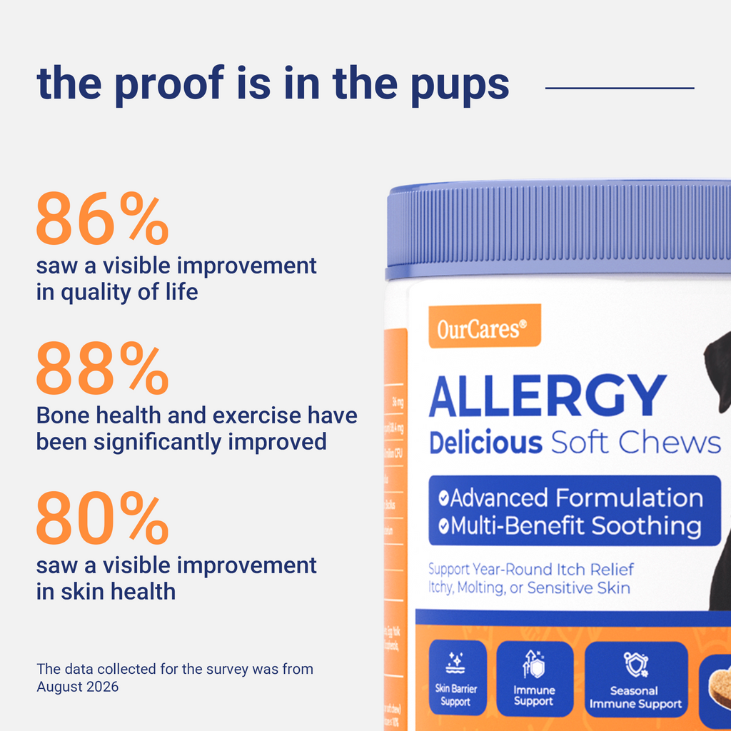 OURCARES Dog Allergy Relief Chews support seasonal allergy discomfort, soothe itchy skin and provide natural itch relief for all breeds of dogs