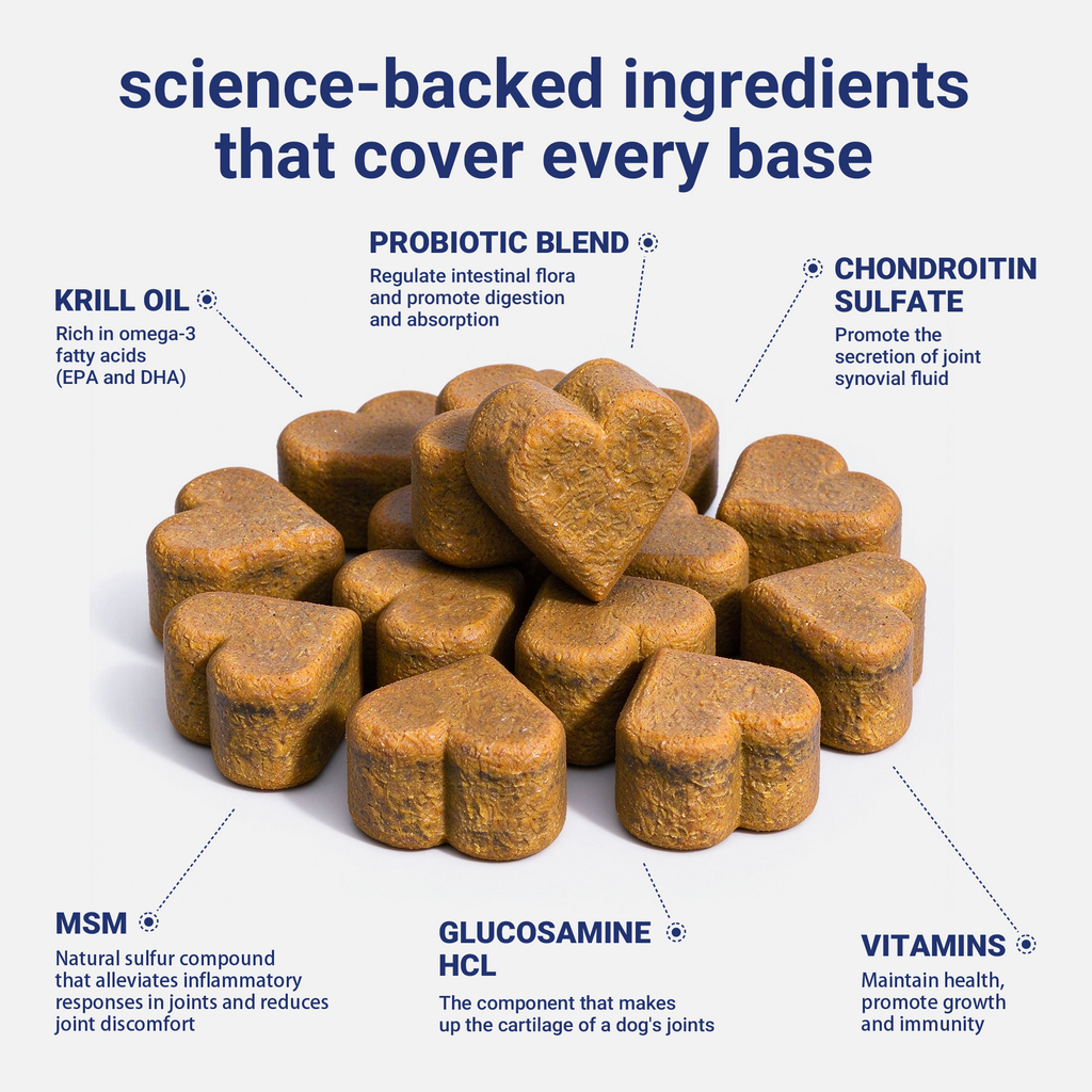 OURCARES 10-in-1 Multivitamin Soft Chews provide daily comprehensive support for dog skin, coat and joint health, ideal for all breeds