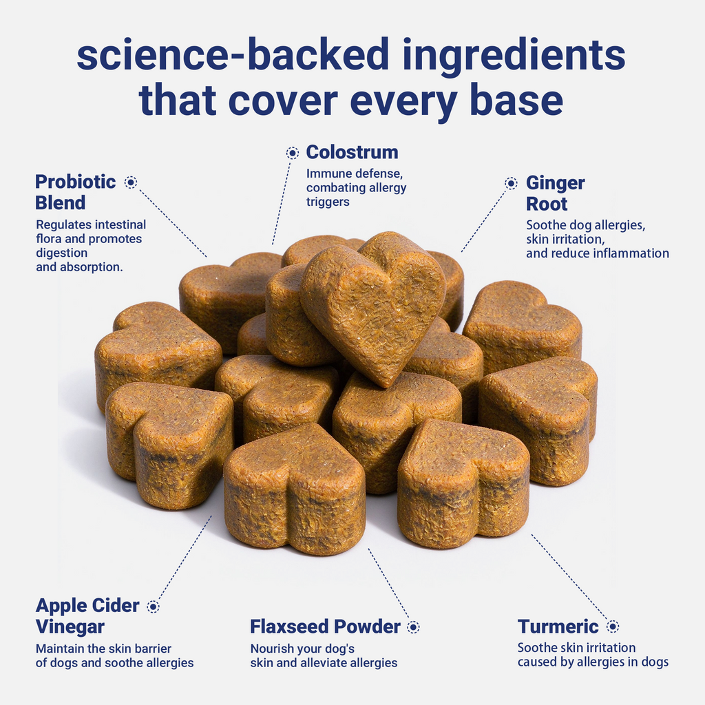 OURCARES Dog Allergy Relief Chews support seasonal allergy discomfort, soothe itchy skin and provide natural itch relief for all breeds of dogs